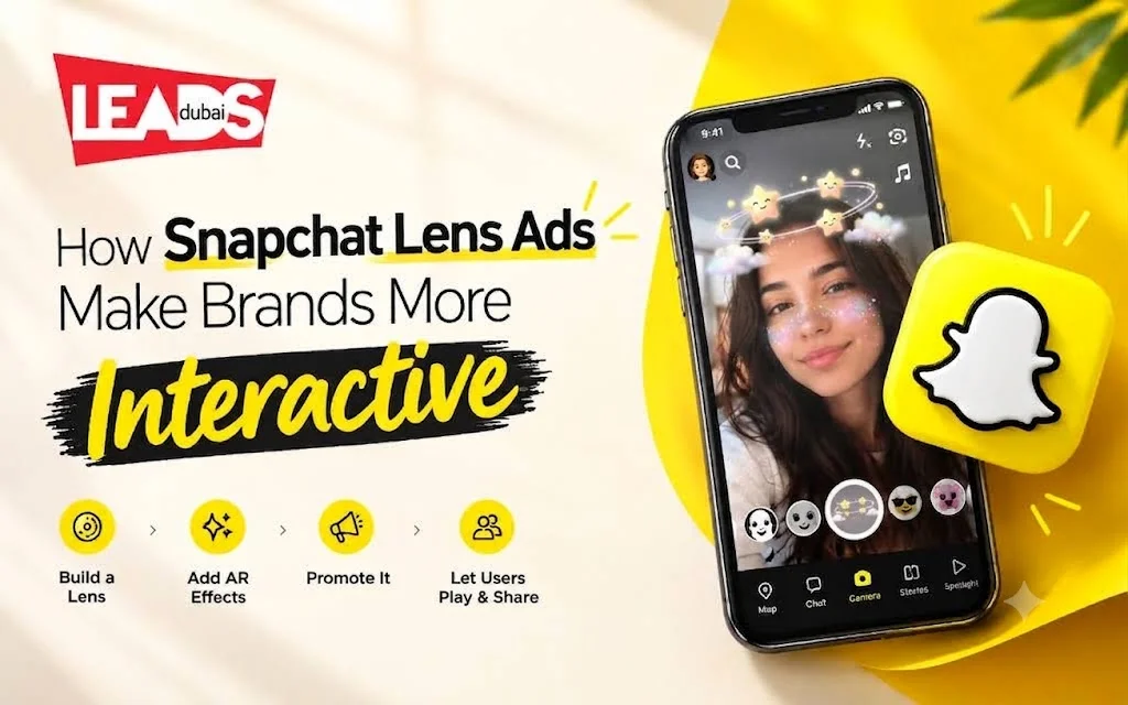 A hand holds a phone open to the Snapchat app icon against a giant ghost logo, the platform behind Snapchat Lenses ads