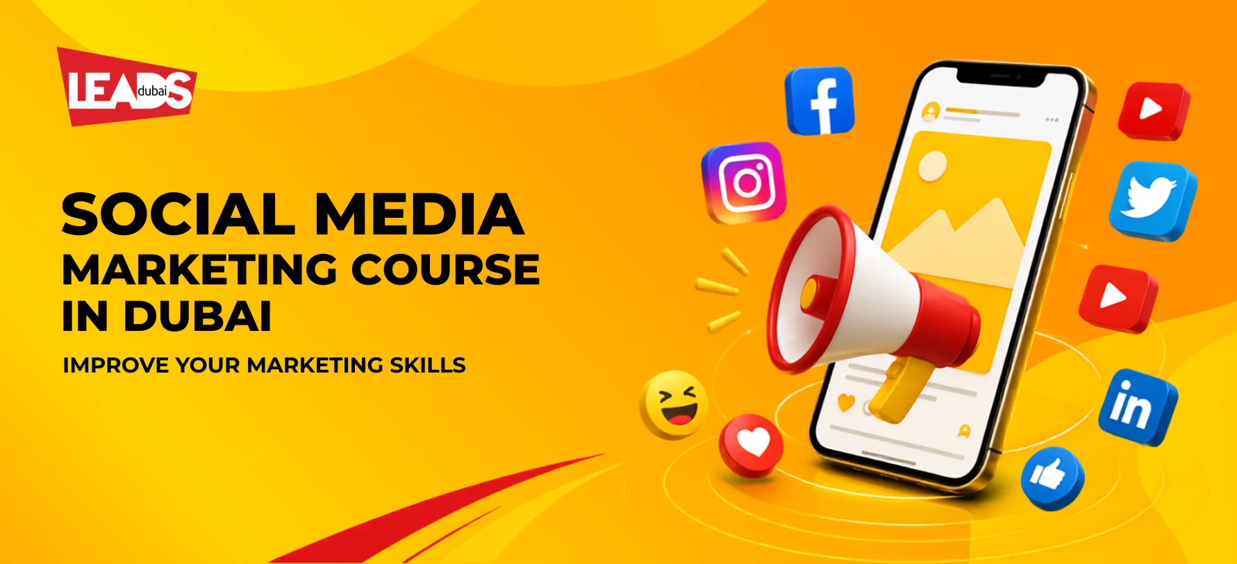 Laptop showing a social post beside platform icons and a graduation cap on books, for this social media marketing course