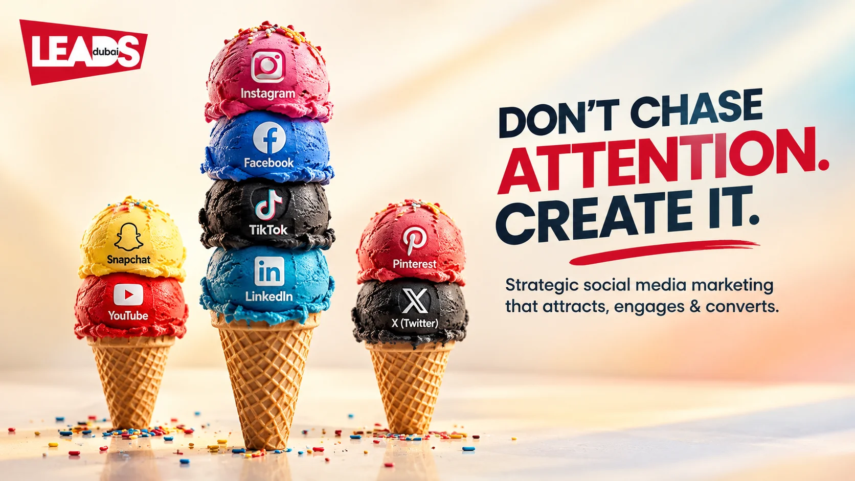 Smartphone showing a social post with growth charts and platform icons, promoting this social media marketing offer in Dubai