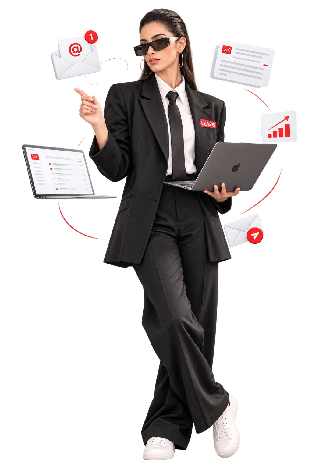 A marketing professional in a black suit holding a laptop, surrounded by email icons, an inbox screen and a rising growth chart, illustrating the 50 email marketing best practices