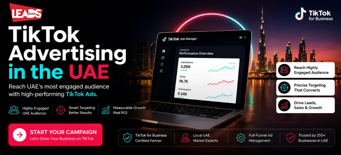 Phone mockup of the TikTok app interface with engagement and growth icons, illustrating TikTok advertising in Dubai