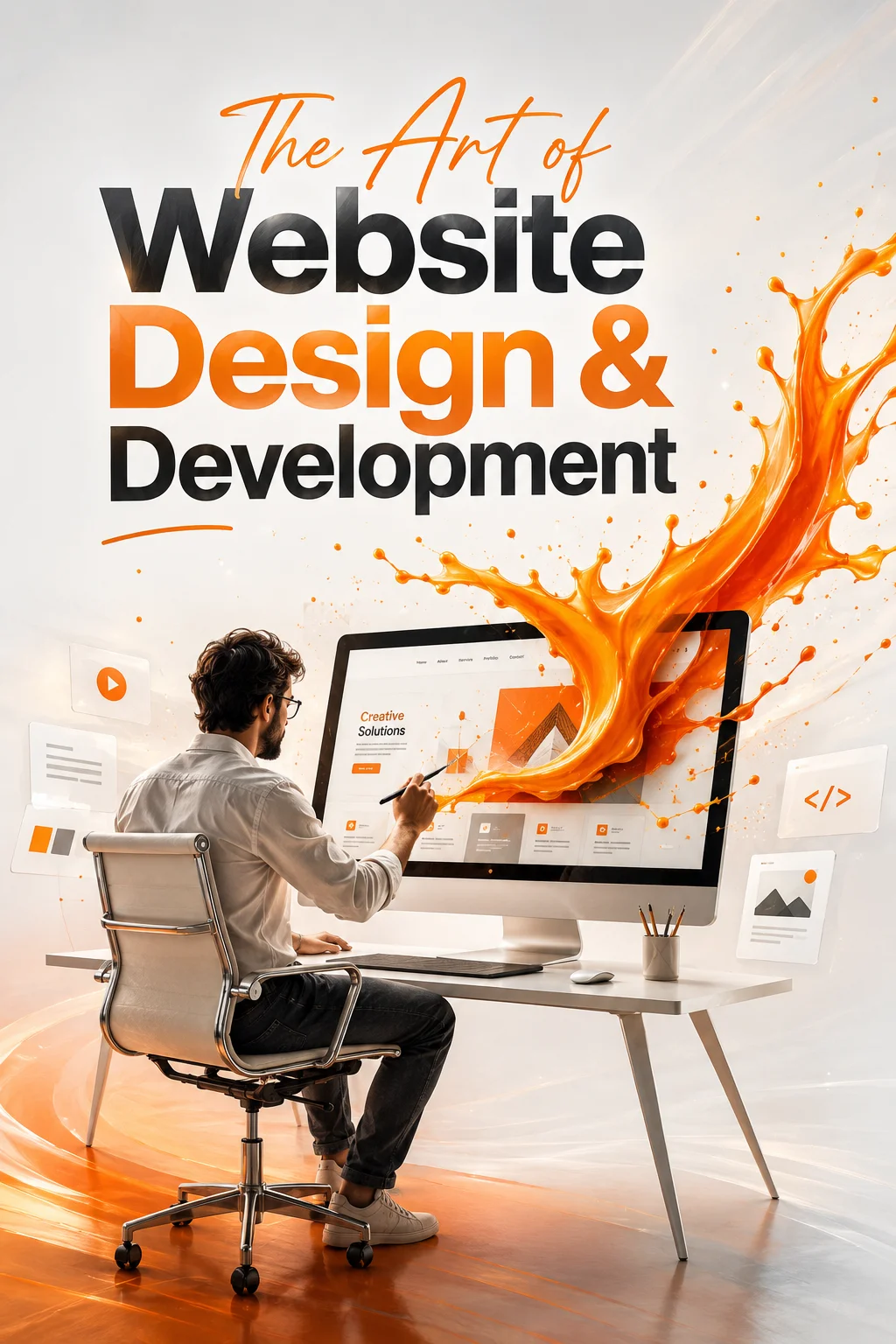 Desktop, laptop, and phone displaying a website design homepage with the Dubai skyline, for website development in Dubai