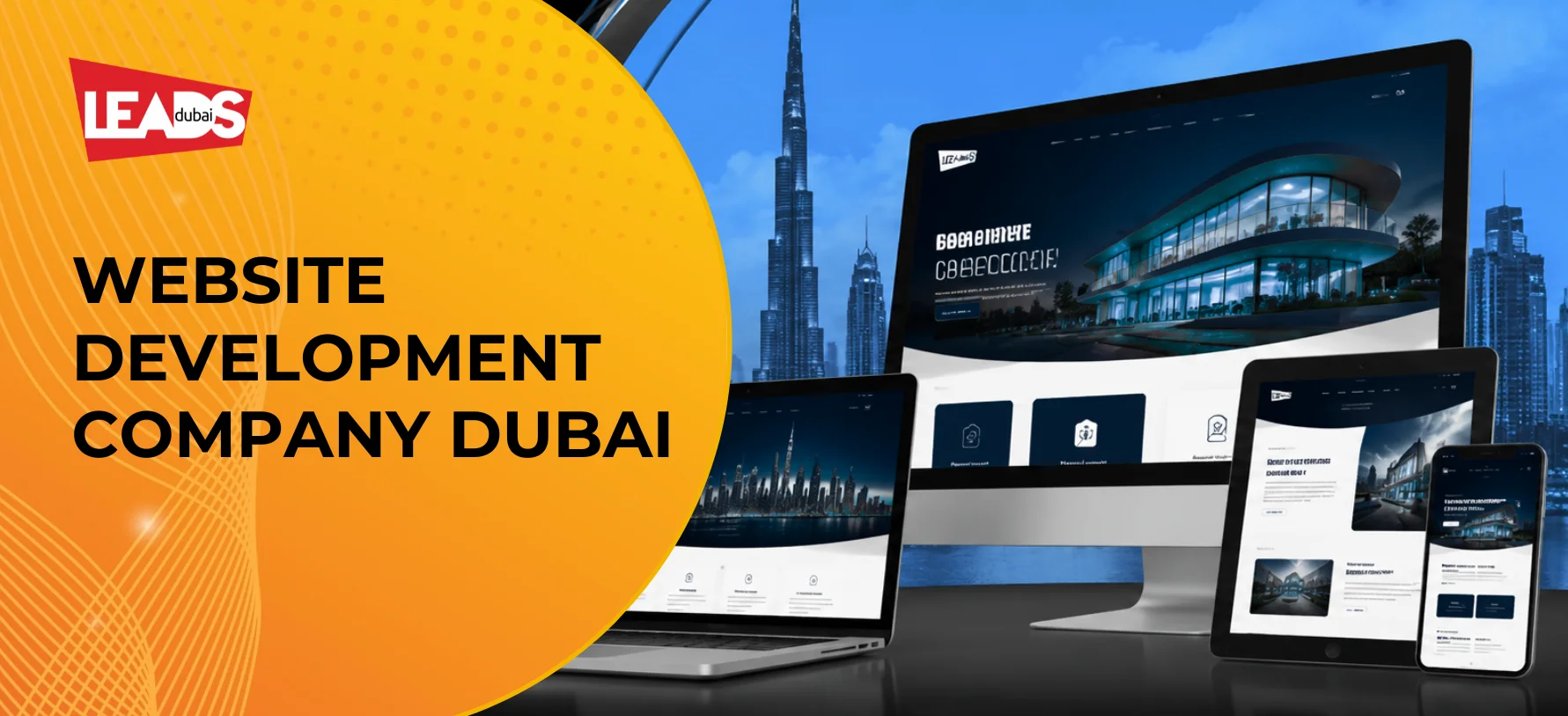 Desktop, laptop, and phone displaying a website design homepage with the Dubai skyline, for website development in Dubai