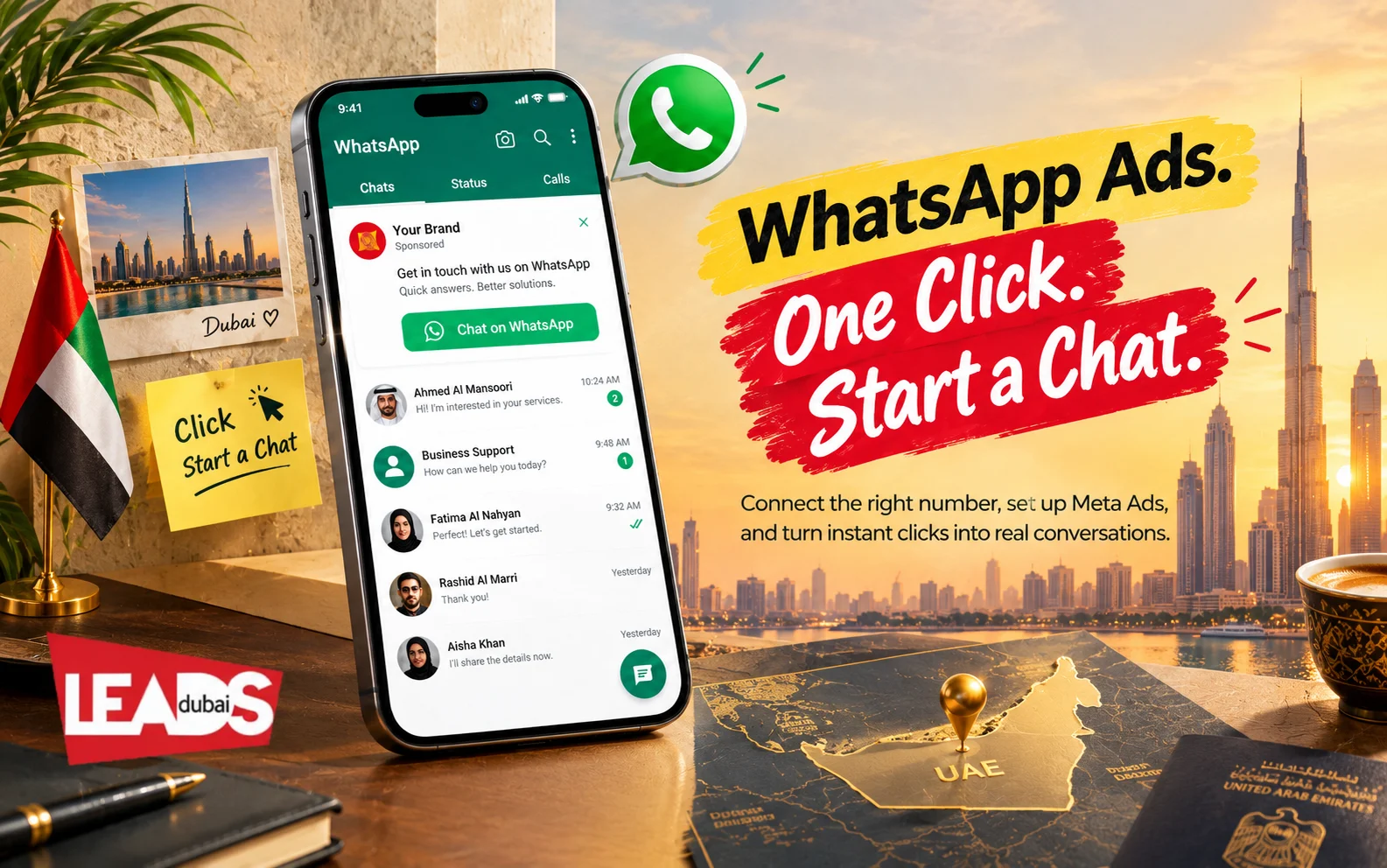 Two phone screens showing a skincare ad turning into a WhatsApp chat, demonstrating how WhatsApp ads in Dubai work.