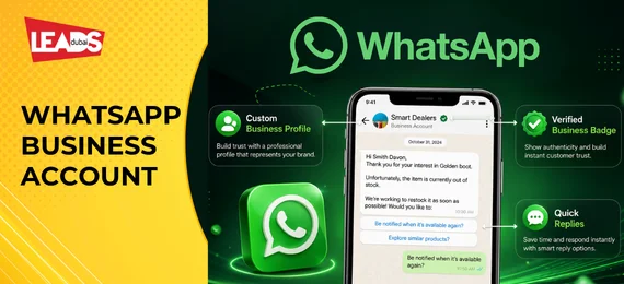 Phone showing a WhatsApp Business chat and special offer beside a megaphone, illustrating a WhatsApp Business account
