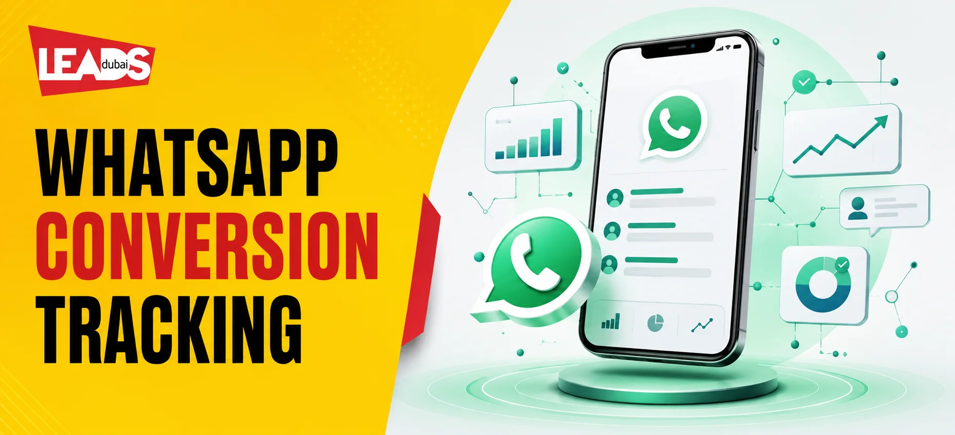 A phone showing a WhatsApp chat with a lead, marked as a qualified lead, saved to a sheet and sent to Google and Meta as a conversion