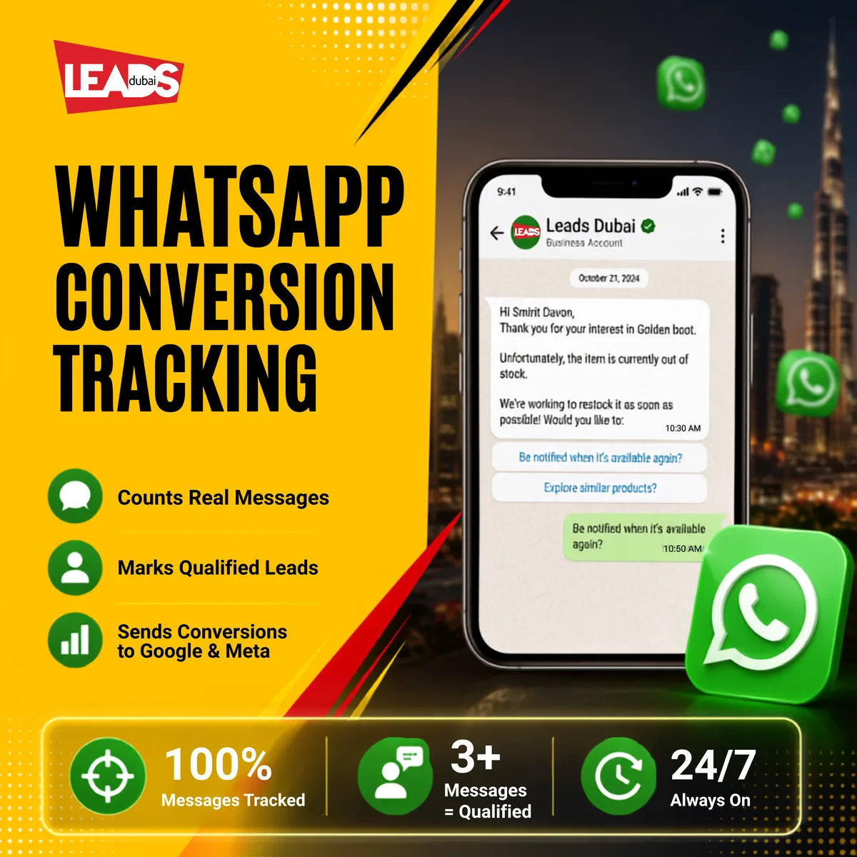 A phone showing a WhatsApp chat with a lead, marked as a qualified lead, saved to a sheet and sent to Google and Meta as a conversion