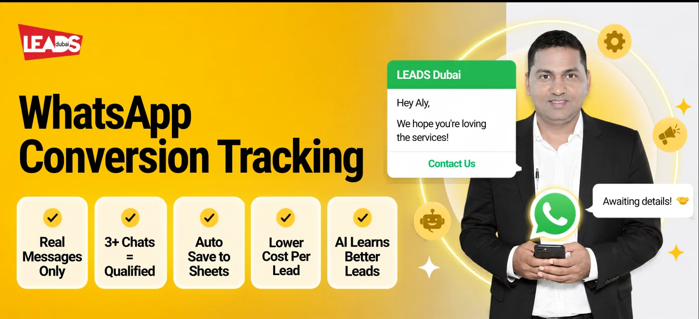 WhatsApp conversion tracking banner showing ad clicks turning into scored WhatsApp chats and conversions sent back to Google and Meta
